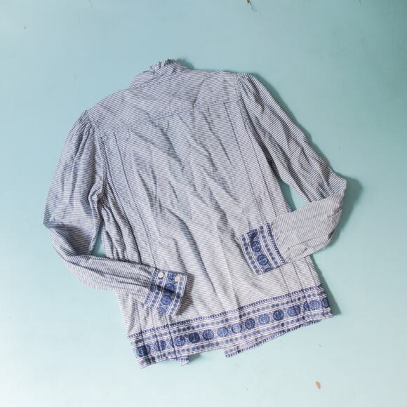 Roller Rabbit Blue Striped Ruffle Neck Embroidered Trim Shirt Size Small - Picture 8 of 8